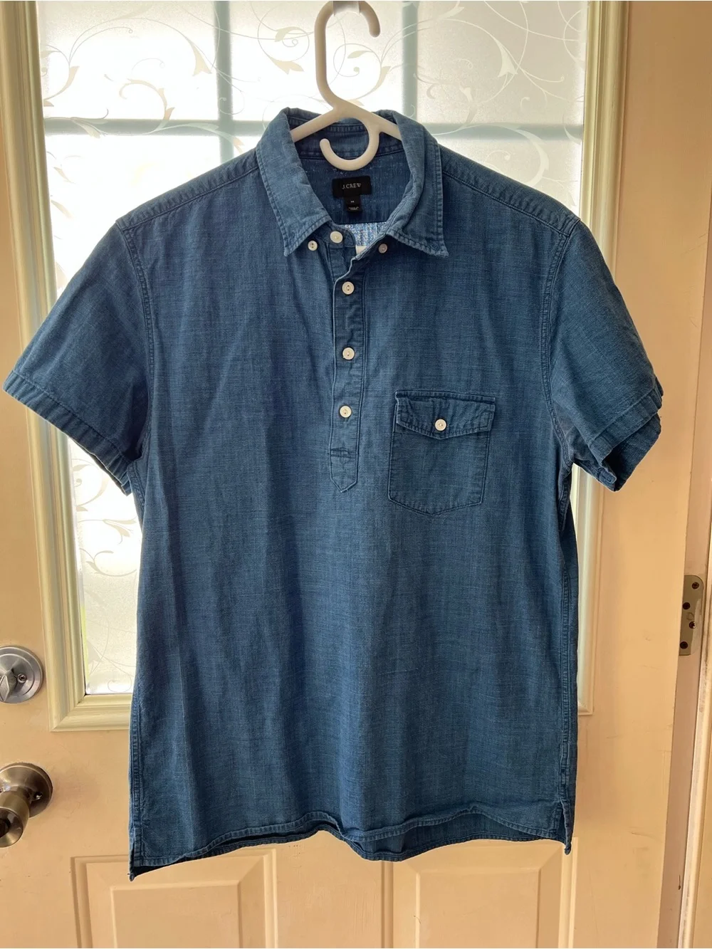 J. Crew Men's Denim-Look Blue Short Sleeve Button Down Polo